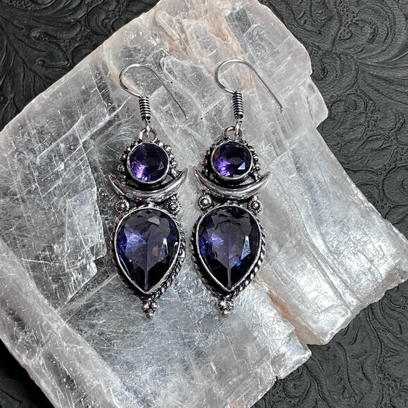 Faceted Purple Amethyst Sun and Lunar Crescent Moon Gemstone Earrings (66 8307) - Picture 1 of 7